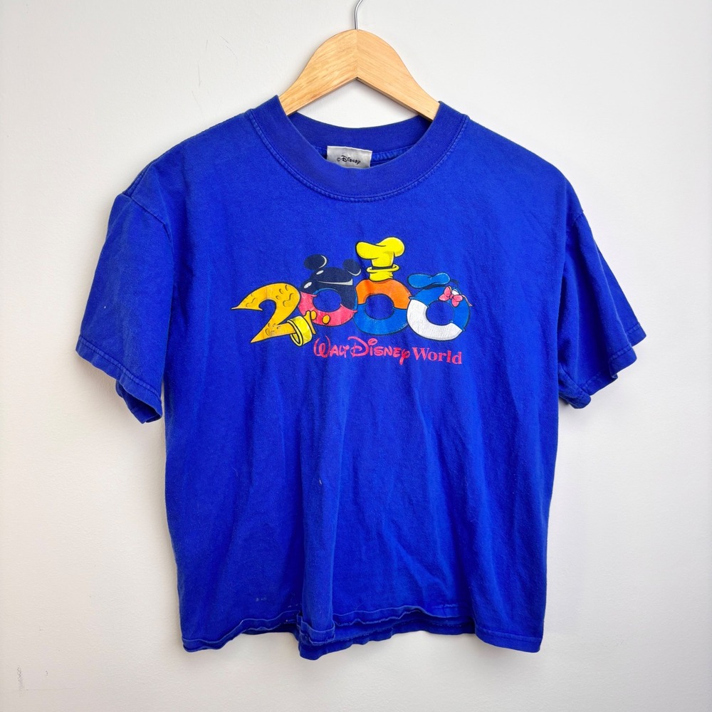 Vintage Y2K Walt Disney World Baby Tee Adult Small Mickey Donald Goofy Blue